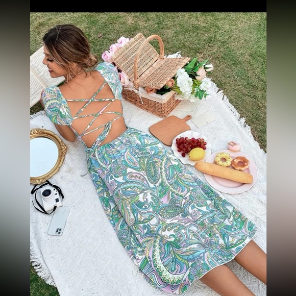 SHEIN Paisley Print Puff Sleeve Tied Back Dress - Picture 5 of 5